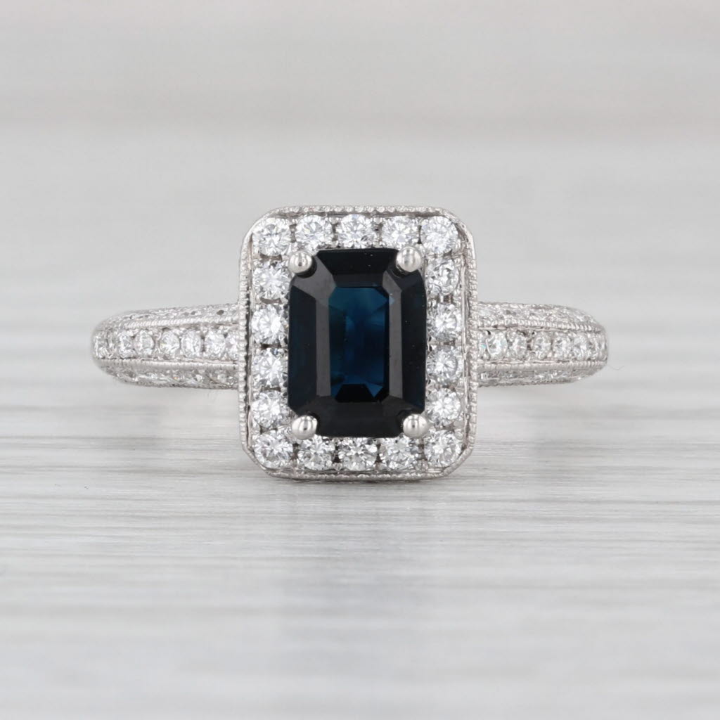 1.58ctw Blue Sapphire Diamond Halo Ring 18k White Gold Size 6.5 Engagement