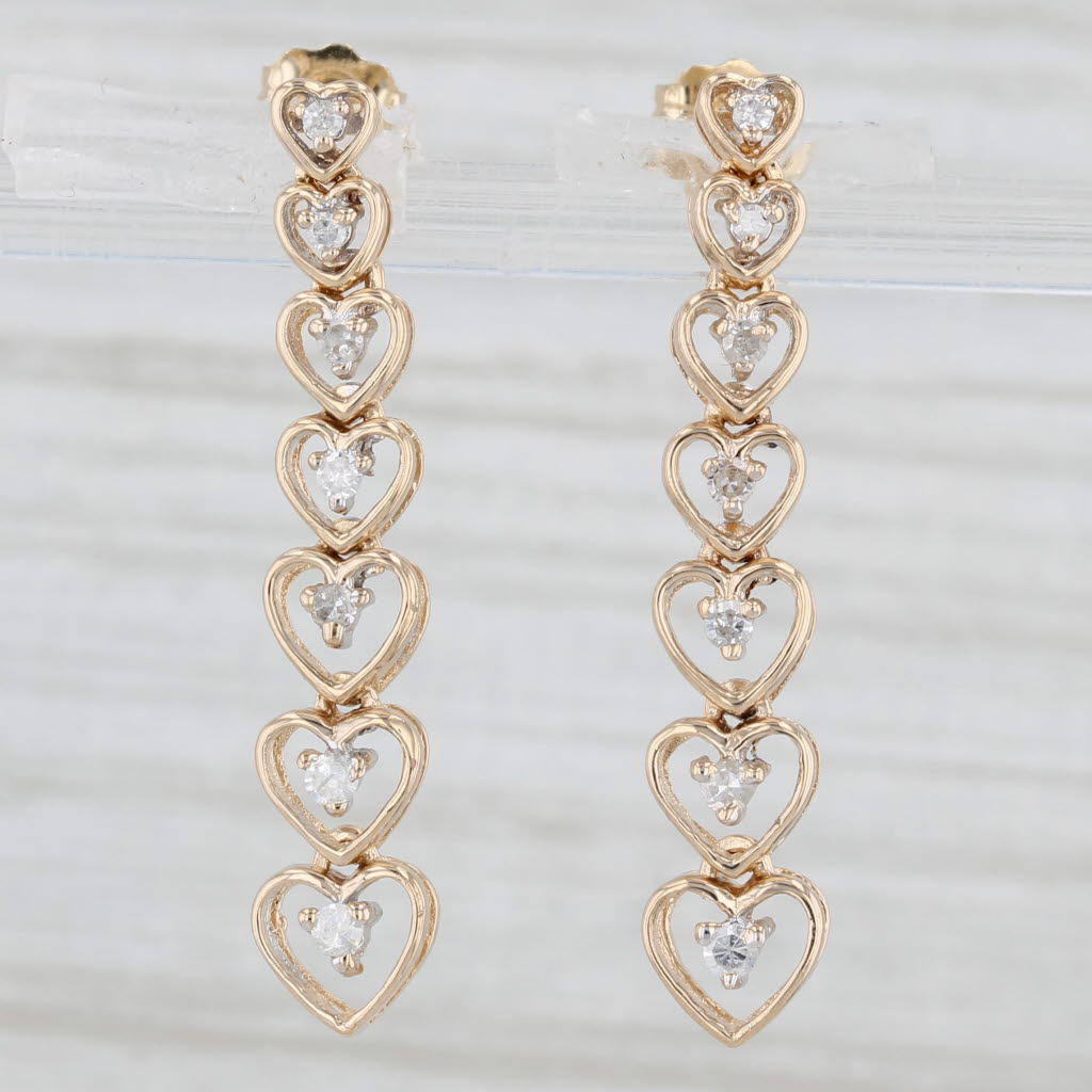 Light Gray 0.20ctw Diamond Hearts Journey Dangle Earrings 14k Yellow Gold Pierced Drops