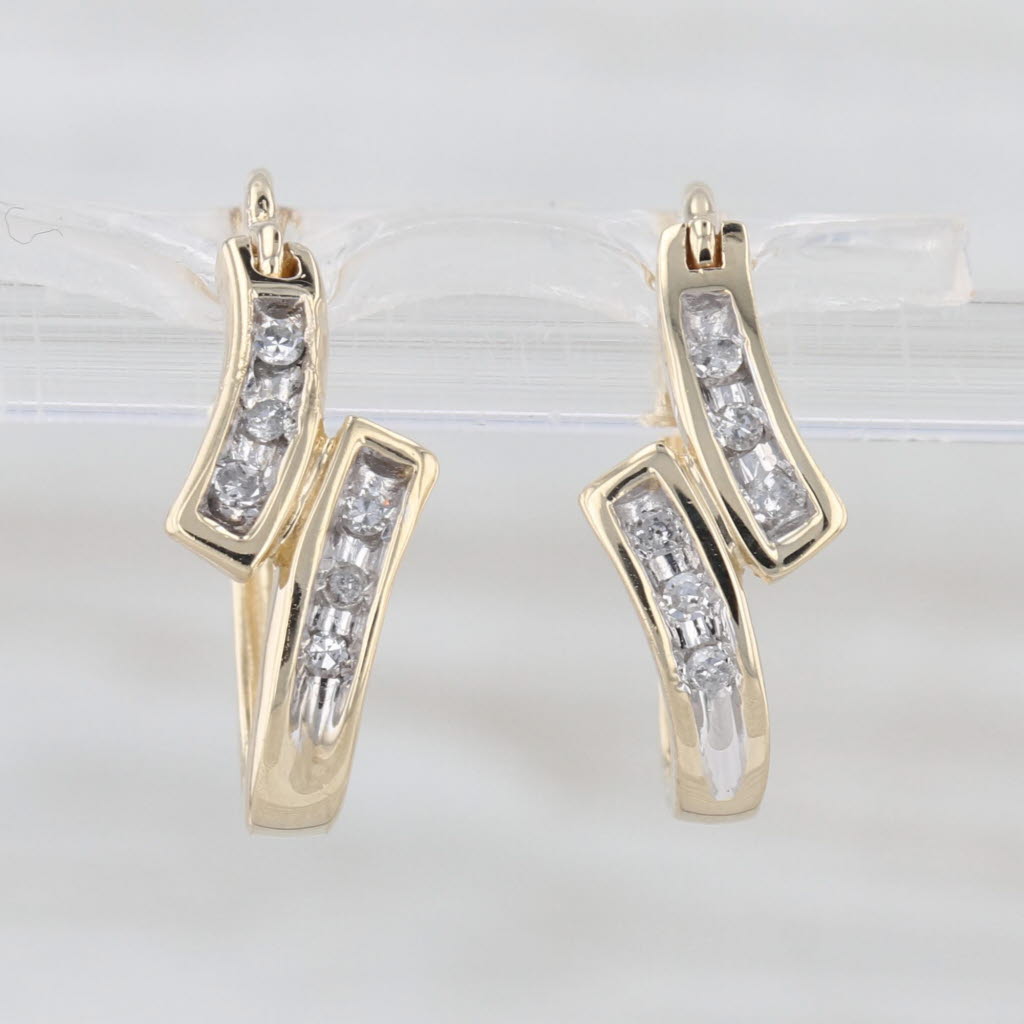 Diamond Bypass Hoop Earrings 10k Yellow Gold Snap Top Oval Hoops