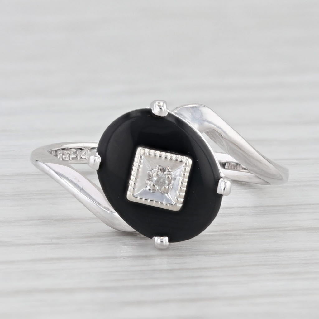 Light Gray Vintage Onyx Diamond Signet Bypass Ring 10k White Gold Size 6