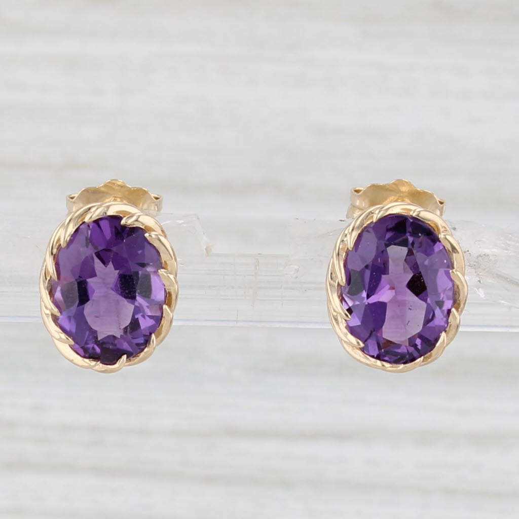 Light Gray 3.10ctw Amethyst Stud Earrings 14k Yellow Gold Oval Solitaires