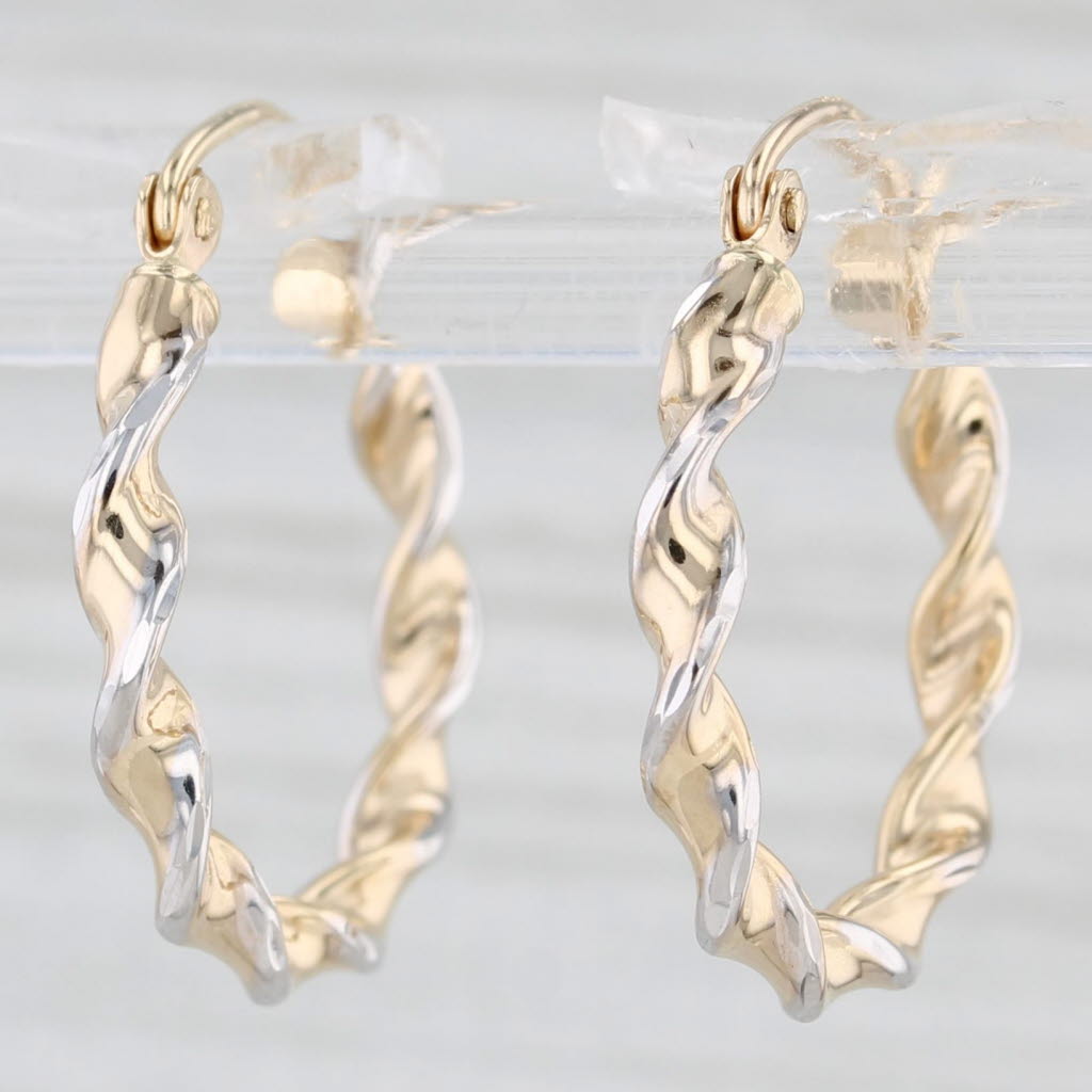 Light Gray New 2-Toned Twist Hoop Earrings 14k Yellow White Gold Snap Top Round Hoops