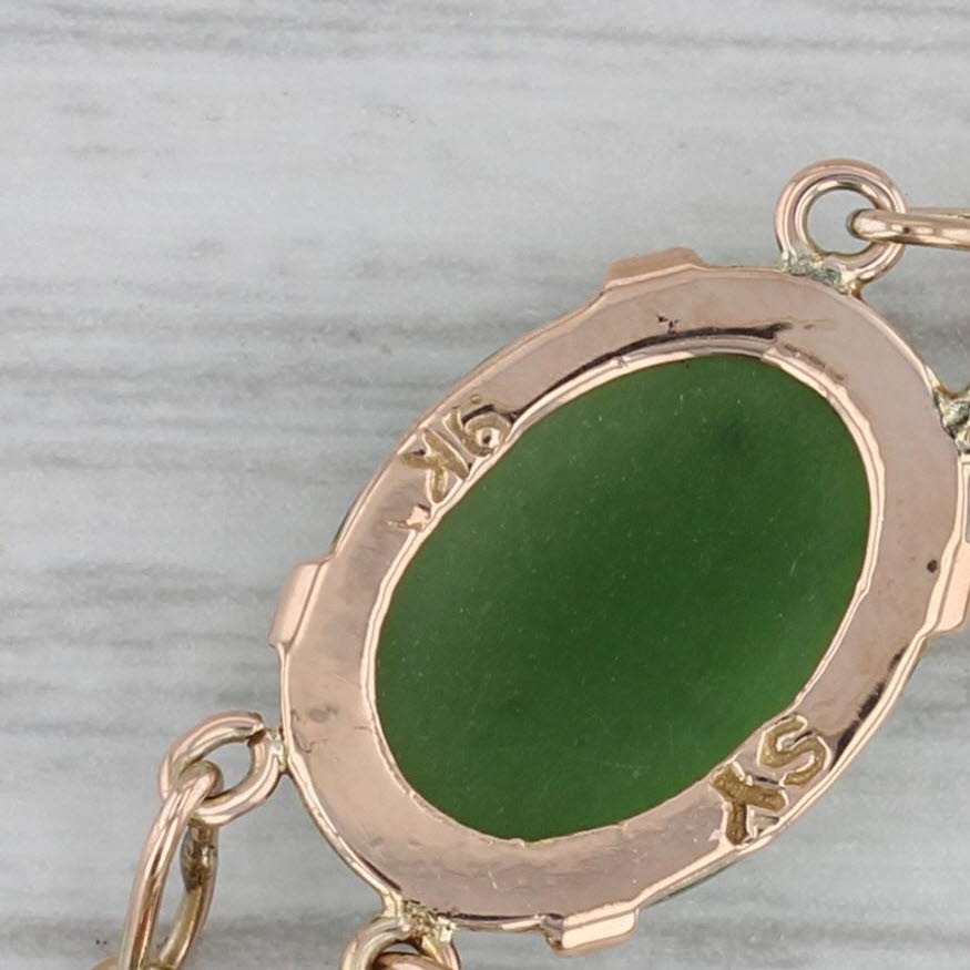 Gray Green Nephrite Jade Chinese Character Bracelet 9k Yellow Gold 7" Oval Link Chain