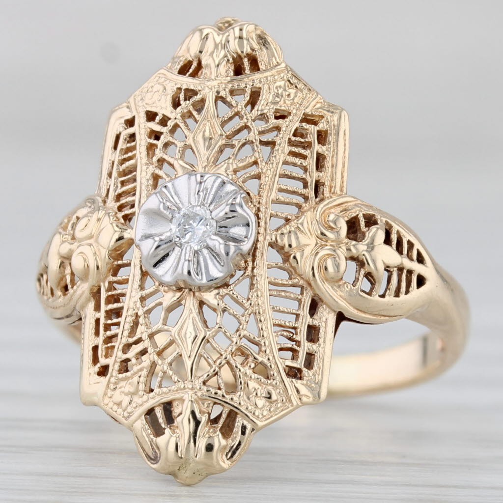 Light Gray Vintage Diamond Filigree Ring 10k Yellow Gold Size 7.25