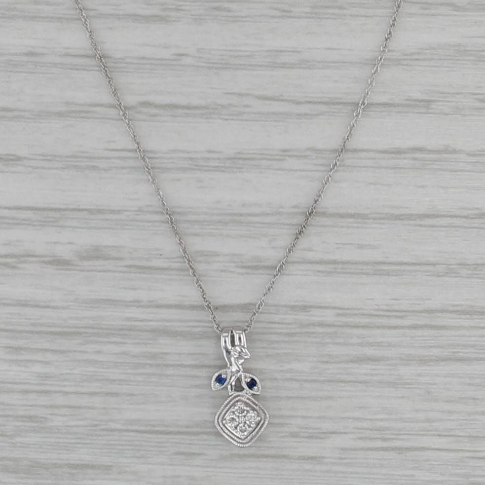 Diamond Sapphire Flower Pendant Necklace 10k White Gold 18.5" Rope Chain