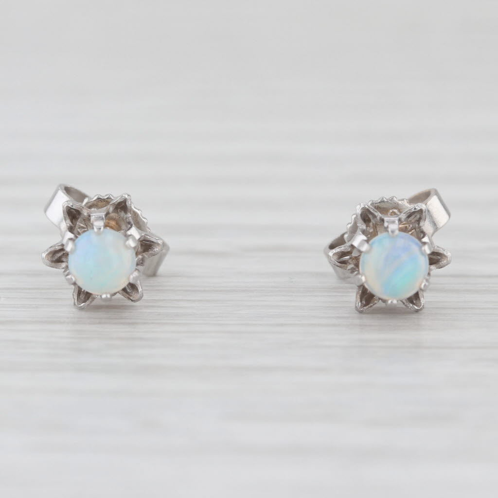 Vintage Opal Stud Earrings 14k White Gold Round Cabochon Studs