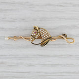Light Gray Antique Horse & Whip Brooch 14k Gold Pearl Ruby Pin Equestrian
