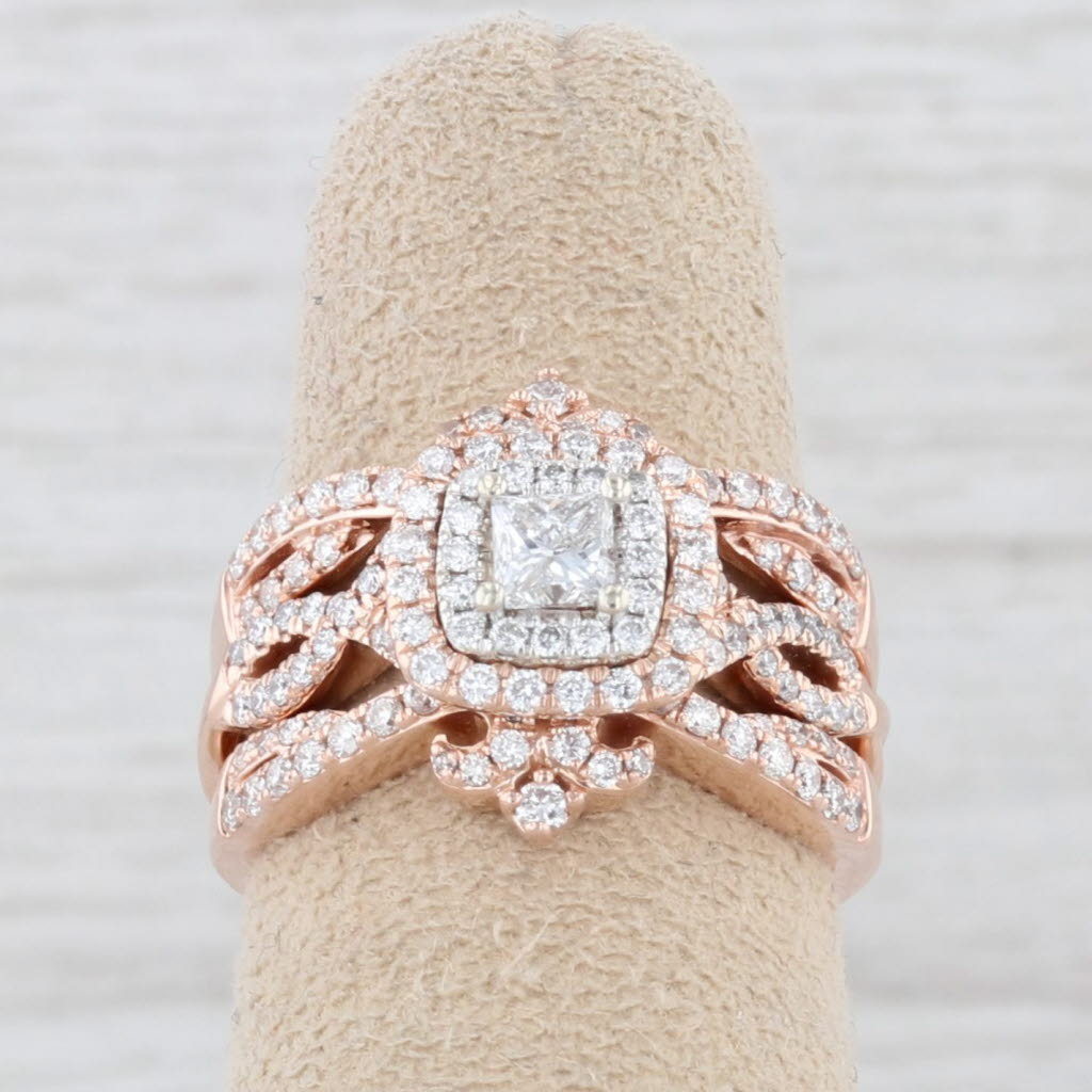 Light Gray 0.86ctw Princess Diamond Halo Engagement Ring 2 Bands Bridal Set 14k Rose Gold