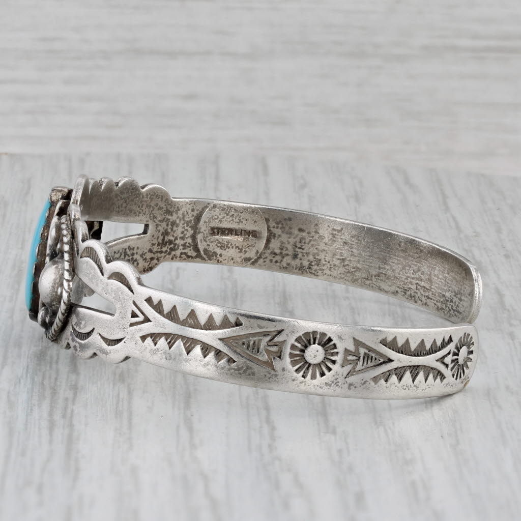 Gray Turquoise Stamped Pattern Cuff Bracelet Vintage Sterling Silver Native American