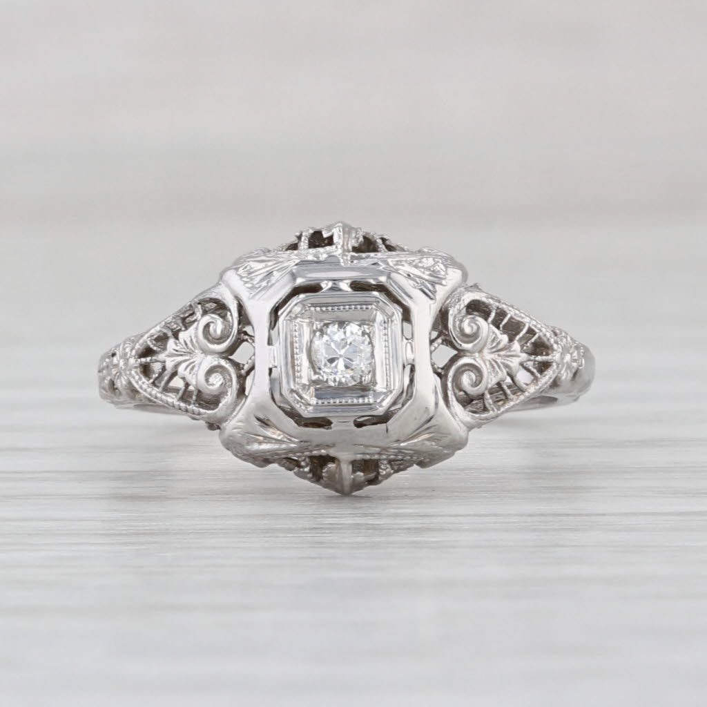 Art Deco Diamond Solitaire Ring 18k White Gold Filigree Size 7 Old European Cut