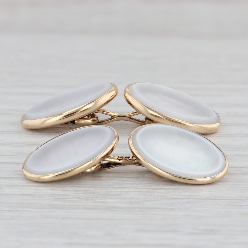 Light Gray Vintage Oval White Mother of Pearl Cufflinks 14k Yellow Gold Larter & Sons