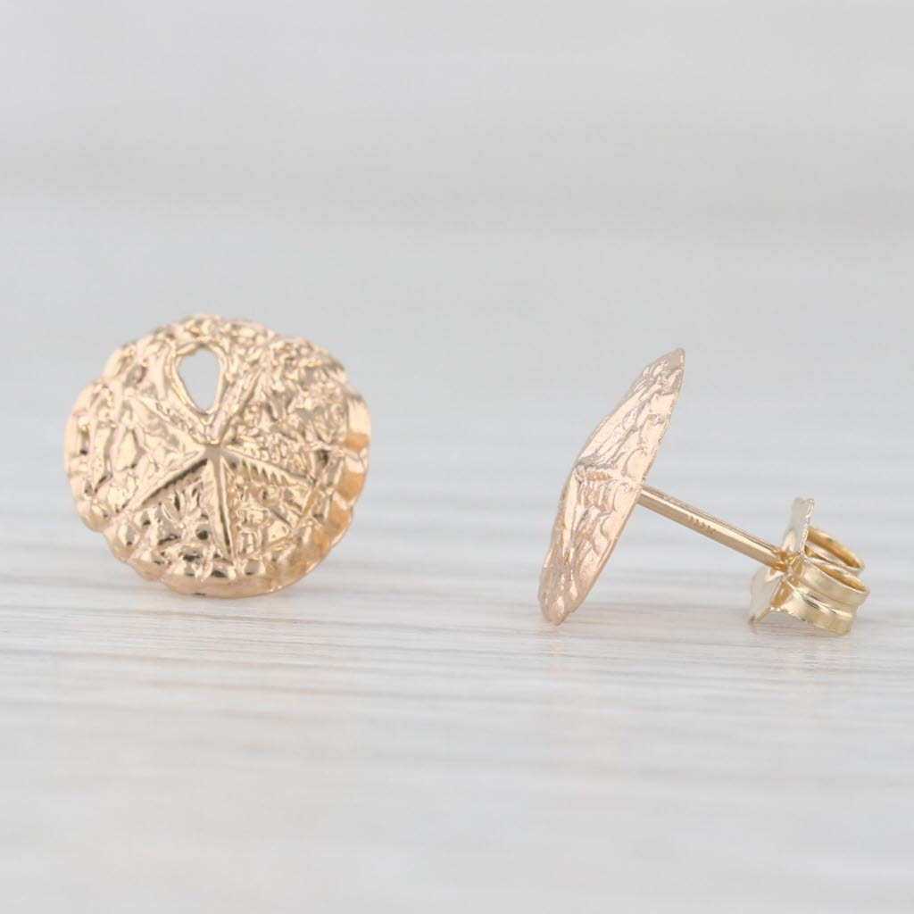 Light Gray Round Sand Dollar Stud Earrings 14k Yellow Gold Nautical Jewelry