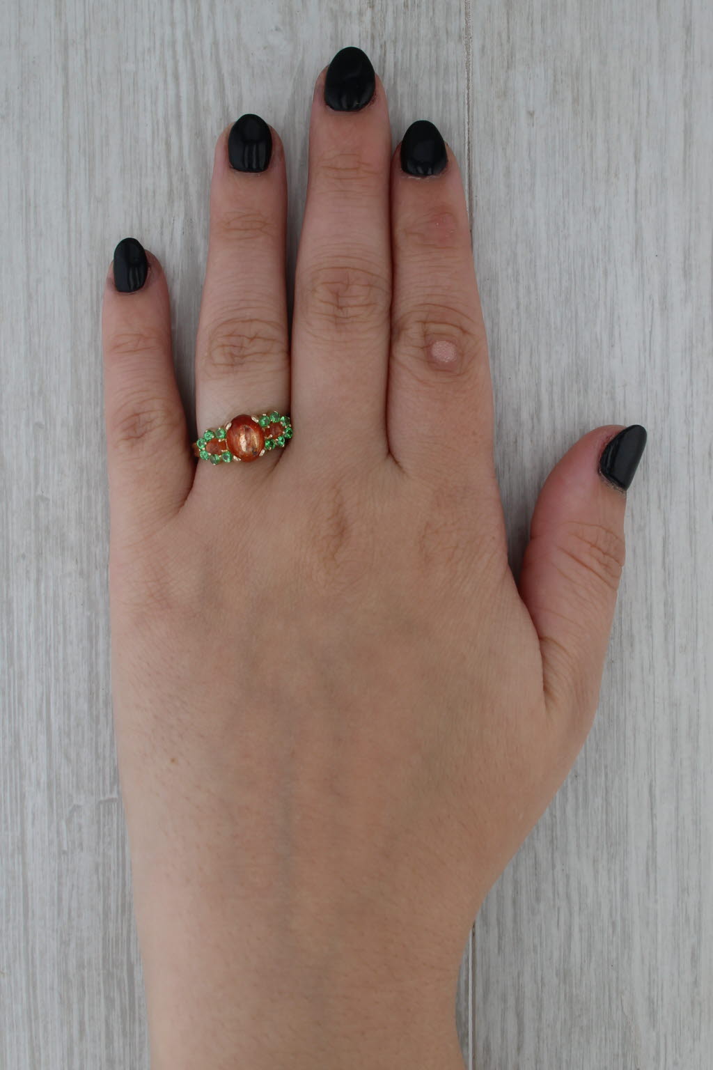 Aventurine Feldspare Tsavorite Ring 14k Yellow Gold Oval Cabochons Size 7.75