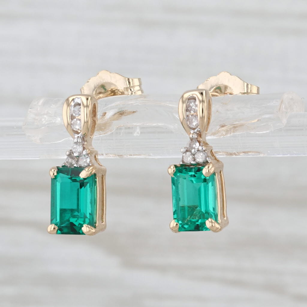 1.14ctw Lab Created Emerald Diamond Drop Earrings 14k Yellow Gold