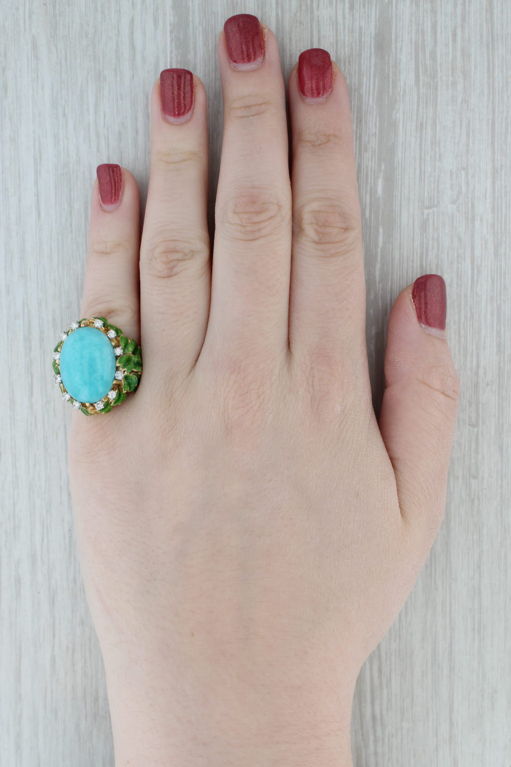 Gray Vintage Amazonite Diamond Ring 18k Yellow Gold Size 6.75 Jack Gutschneider