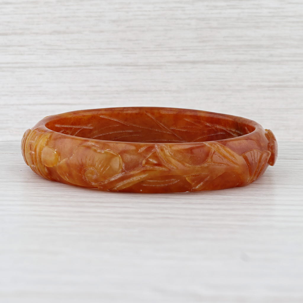 Brown Carved Fish Jadeite Jade Bangle Bracelet 7” 13mm Stackable Statement