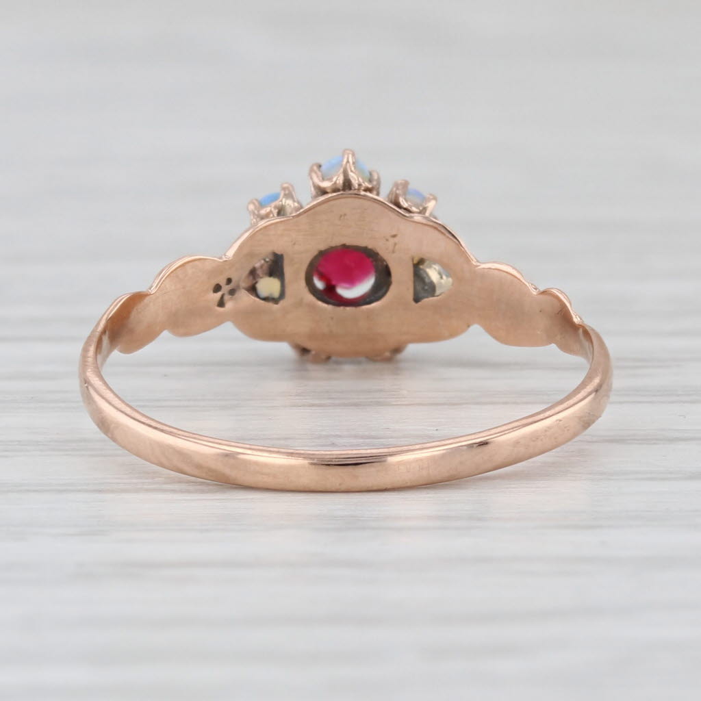 Victorian Antique Blue Opal Red Glass Flower Ring 14k Yellow Gold Size 8.5