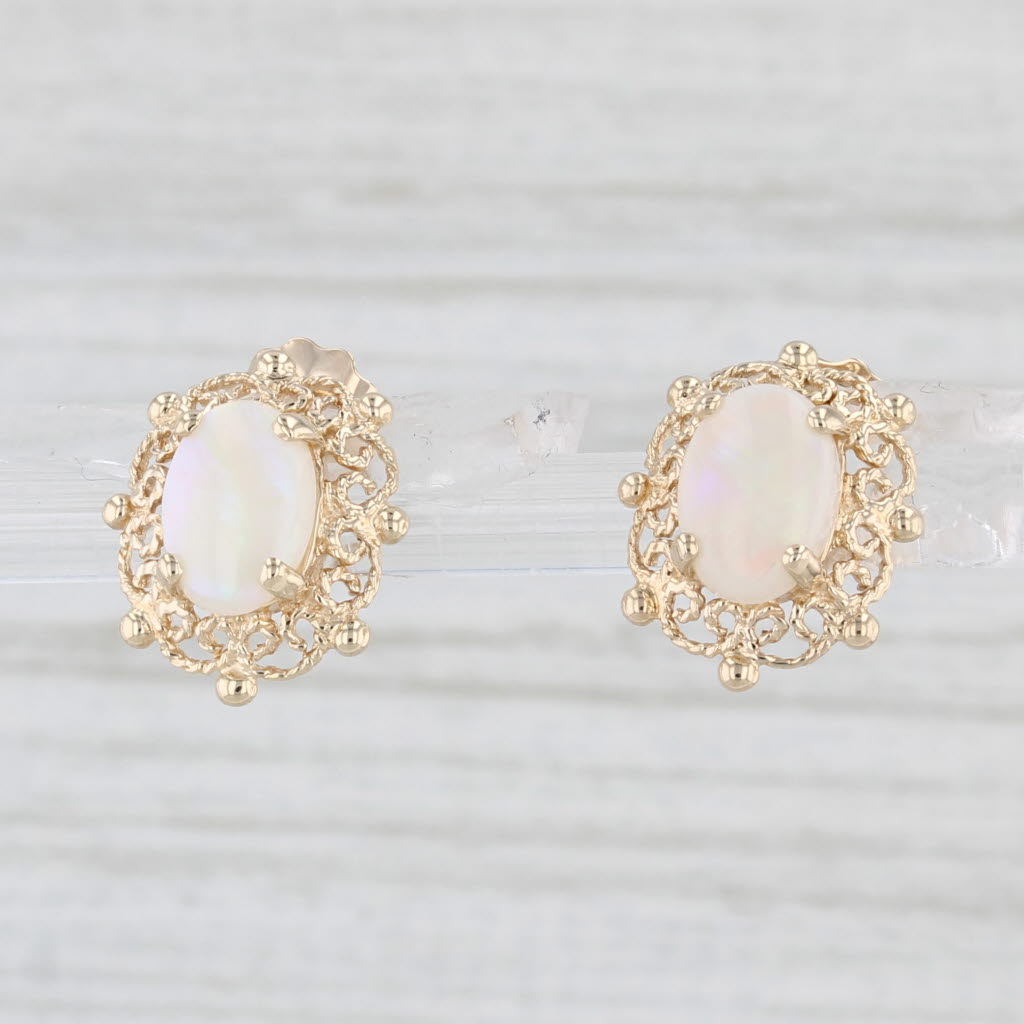 Light Gray Vintage Filigree Opal Solitaire Stud Earrings 10k Yellow Gold