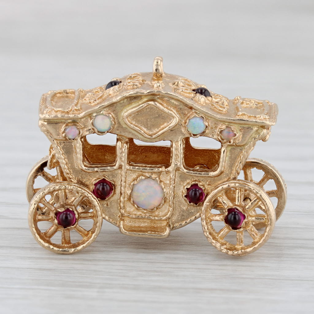 Gray Vintage Gemstone Princess Carriage Charm 14k Gold Wheels Move Opal Garnet