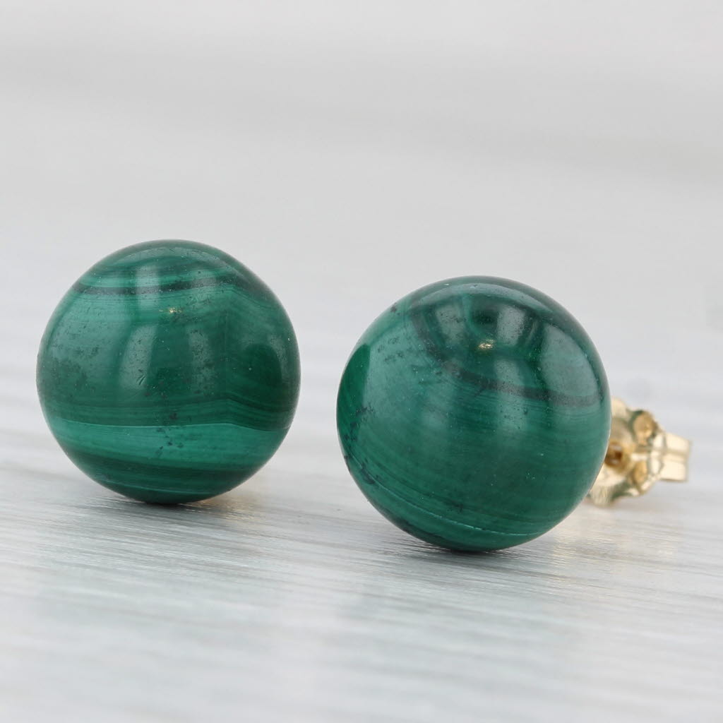 Light Gray Vintage Green Malachite Stud Earrings 14k Yellow Gold Round Bead Studs