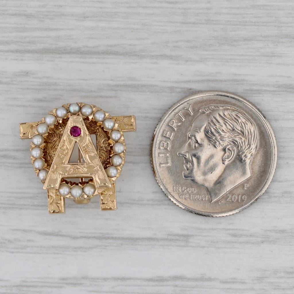 Gray Alpha Omicron Pin 14K Gold Pearl Ruby Vintage Sorority Badge