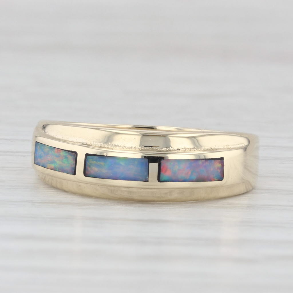 Light Gray Multicolor Opal Inlay Mosaic Ring 14k Yellow Gold Size 7.25 Stackable Band