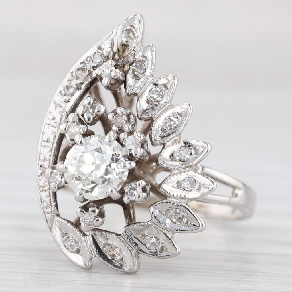 Light Gray Vintage Diamond Cocktail Ring 14k White Gold Size 7.25 Old European Cut