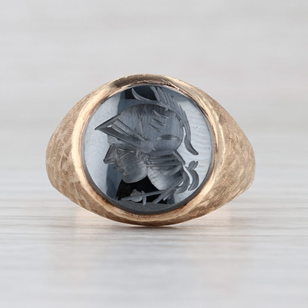 Vintage Hematite Carved Intaglio Ring 10k Yellow Gold Hammered Band Solid Back