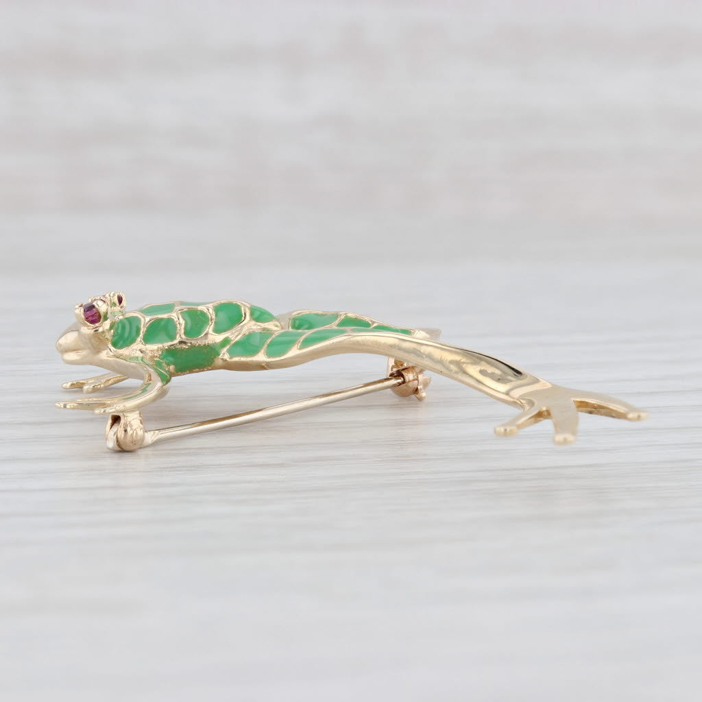 Light Gray Ruby Green Resin Frog Brooch 14k Yellow Gold Dankner Statement Pin