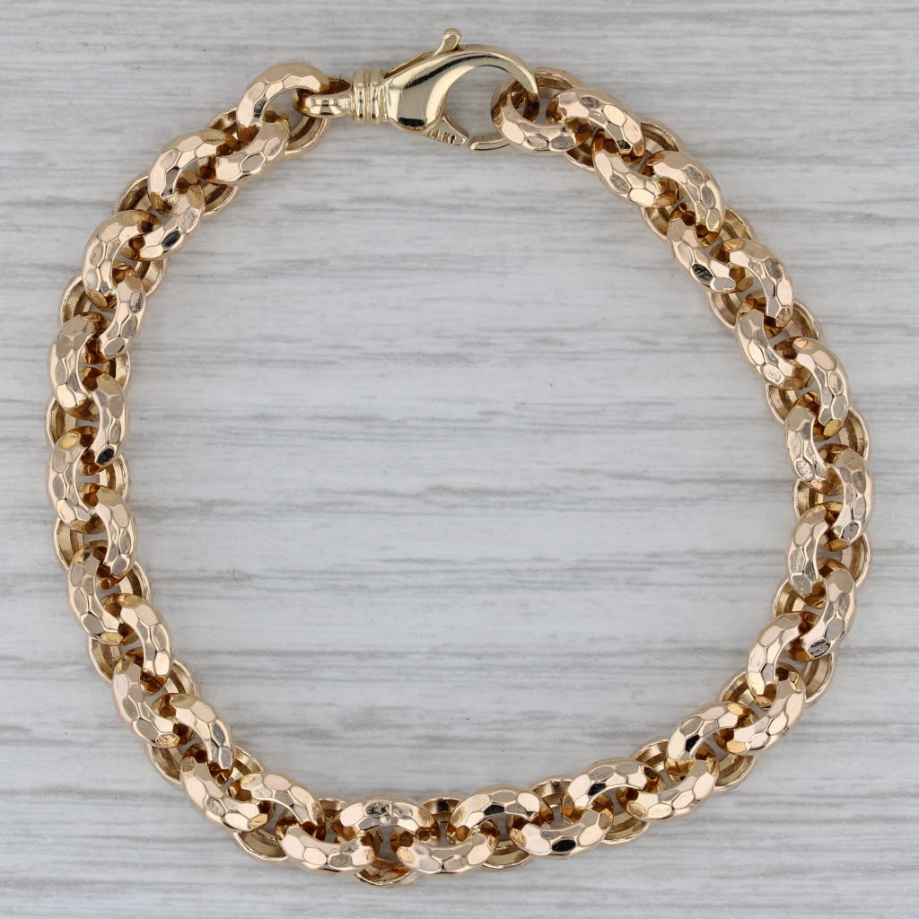 Gray Hammered Cable Chain Bracelet 14k Yellow Gold 6.5" 8.4mm