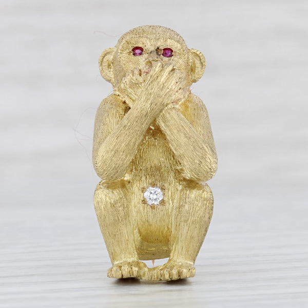 Light Gray Speak No Evil Monkey Brooch Diamond Ruby 18k Yellow Gold Pin Animal Jewelry