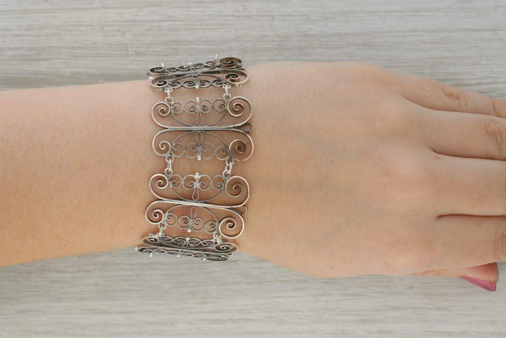 Rosy Brown Vintage Handmade Ornate Filigree Links Bracelet 830 Silver 7.25" Statement