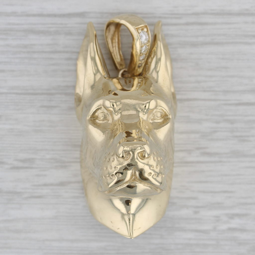 Gray Large Dog Bust Pendant 10k Yellow Gold 0.12ctw Diamonds Doberman