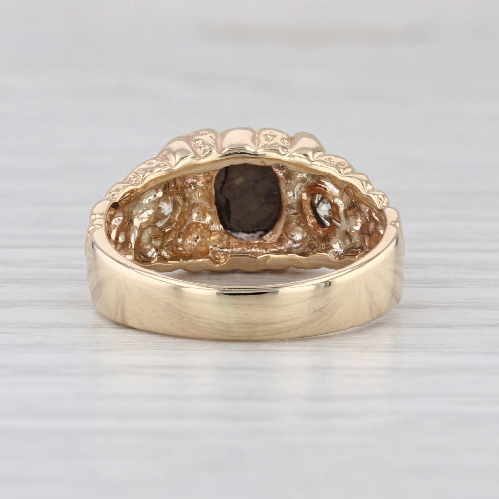 Black Star Sapphire Diamond Ring 14k Yellow Gold Nugget Pattern Size 8.5