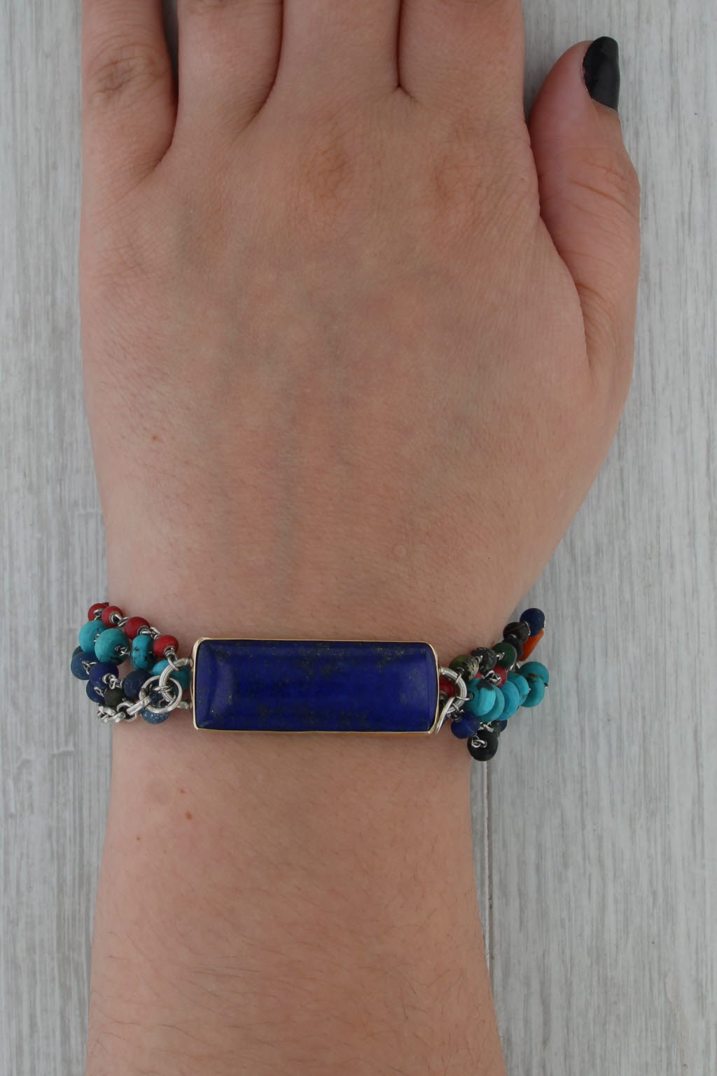 Jes Maharry Lapis Lazuli Coral Turquoise Bead Bracelet Sterling Silver Heart