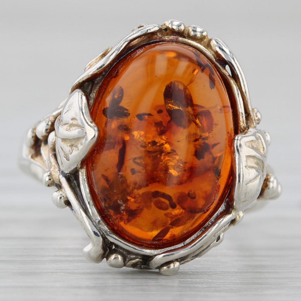 Gray Amber Oval Cabochon Ring Sterling Silver Floral Size 4.75