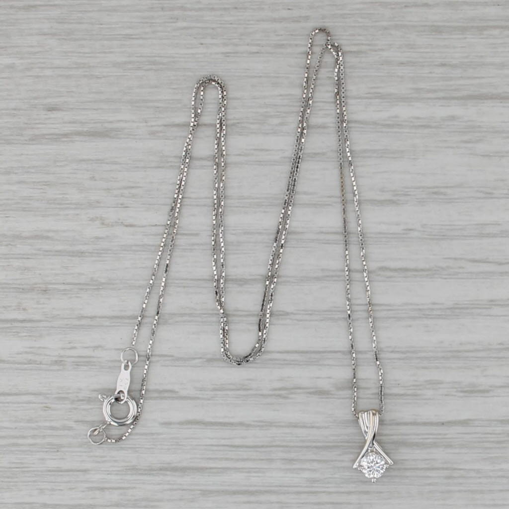 0.19ct Diamond Solitaire Pendant Necklace 18k White Gold 18" Box Chain