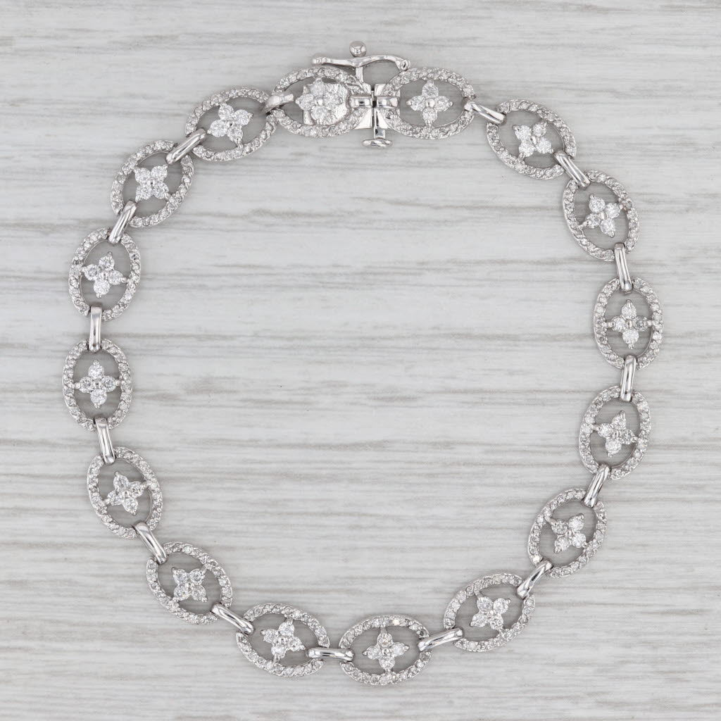 2.20ctw Diamond Oval Flower Link Bracelet 14k White Gold 7.25" 7.4mm