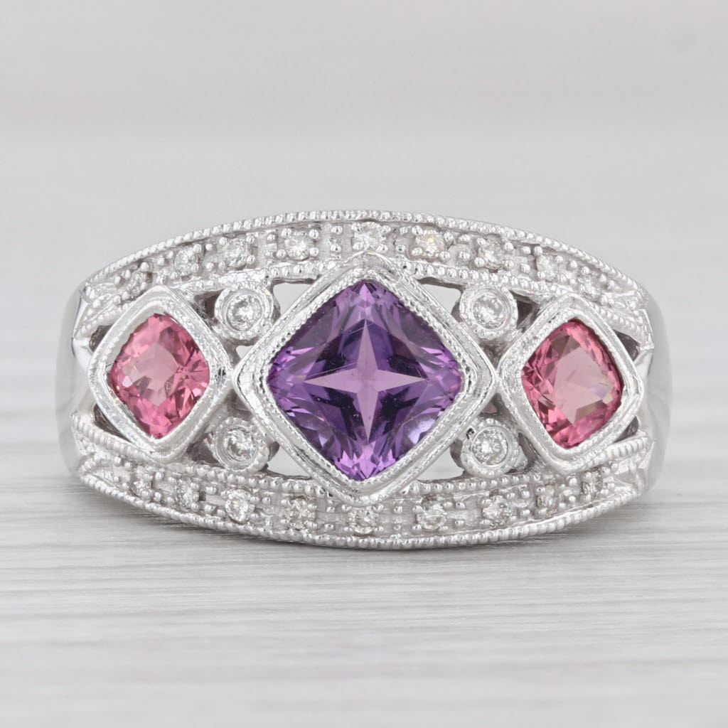 Light Gray 1.47ctw Tourmaline Amethyst Diamond Ring 14k White Gold Size 6.75 3-Stone