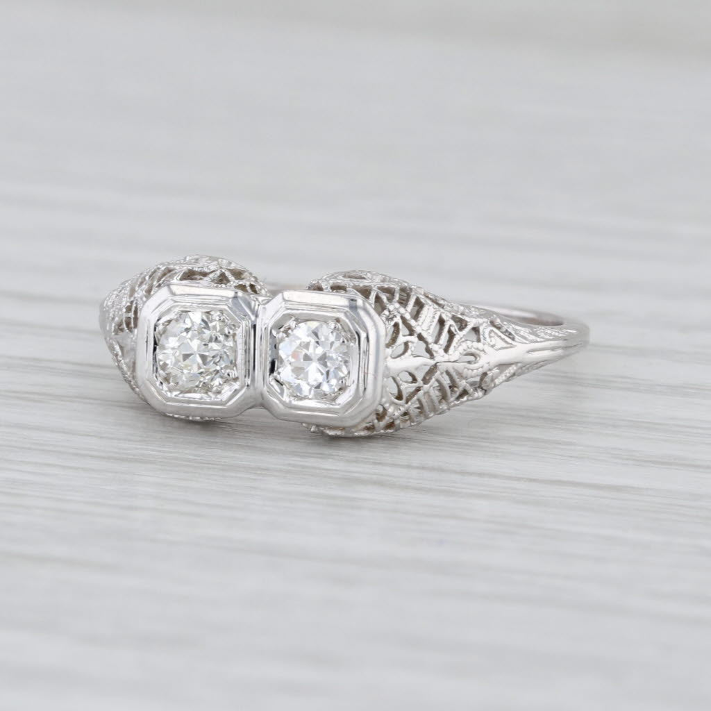 Art Deco 0.33ctw Diamond 2-Stone Vintage Ring 14k White Gold Sz 9.5 Anniversary