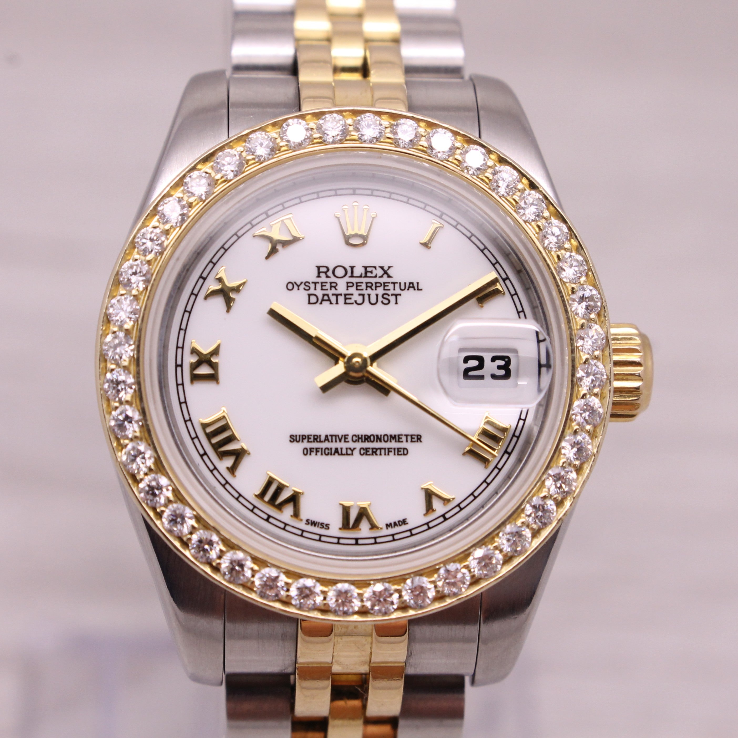 Gray 2005 Rolex Datejust Ladies 26mm 179173 18k SS Jubilee President & Diamond Bezel