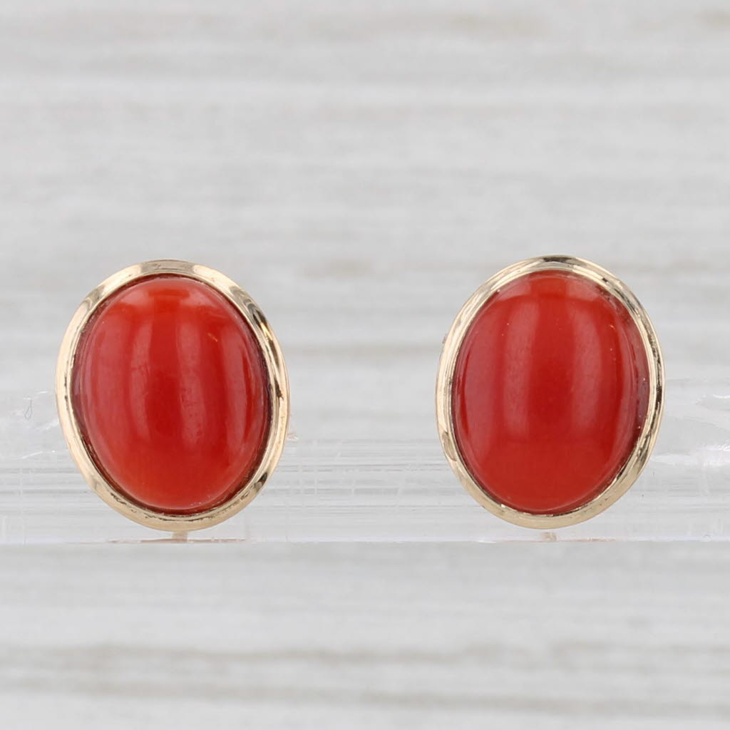 Light Gray Red Coral Stud Earrings 14k Yellow Gold Oval Cabochon Solitaires