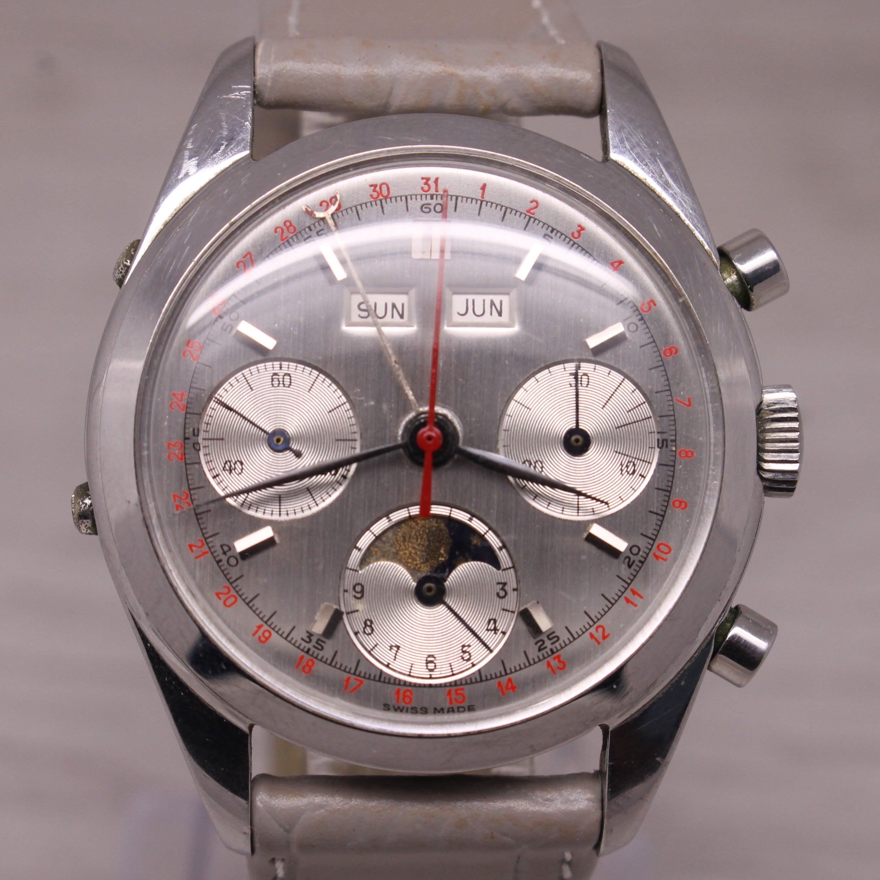 Slate Gray Vintage Valjoux 88 36mm Stainless Steel Triple Date Moonphase Chronograph Watch