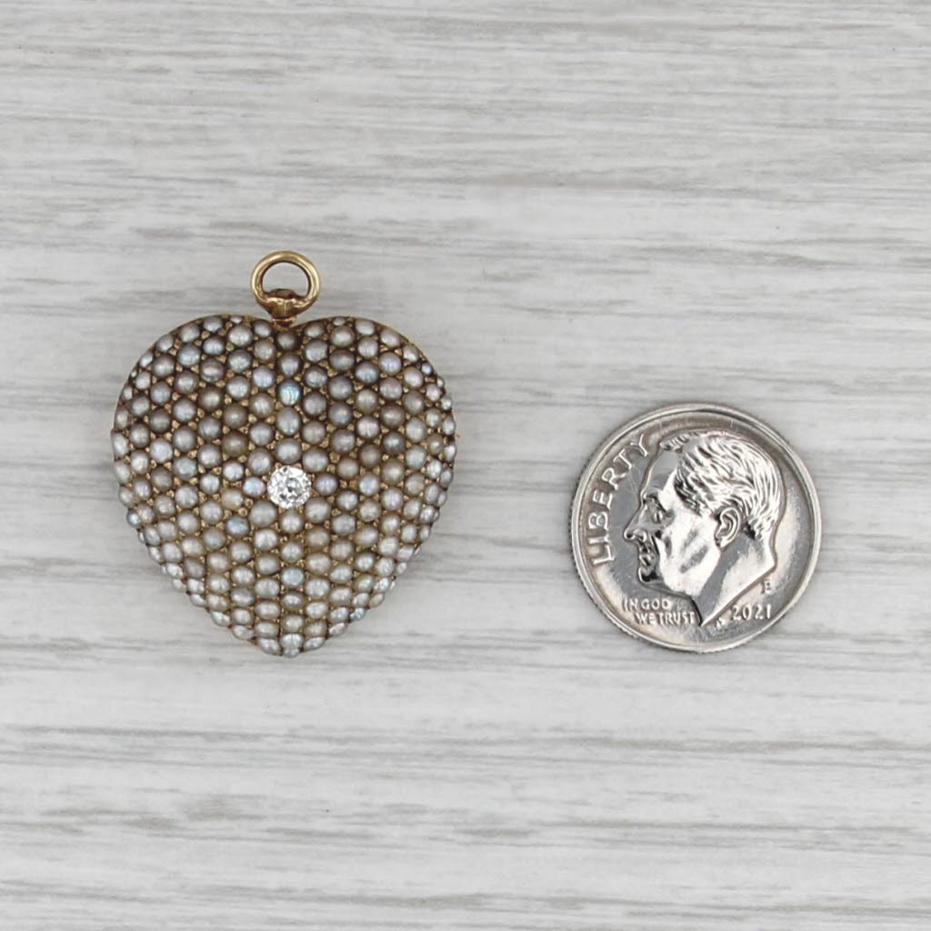 Vintage Diamond Seed Pearl Puffy Heart Pendant Brooch 14k Yellow Gold Pin