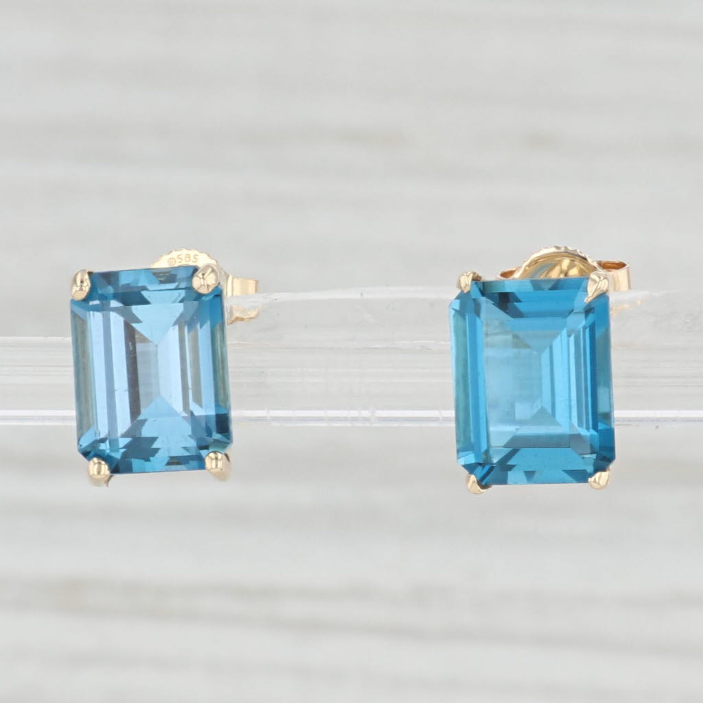 Light Gray 6ctw Solitaire London Blue Topaz Stud Earrings 14k Yellow Gold Emerald Cut Studs