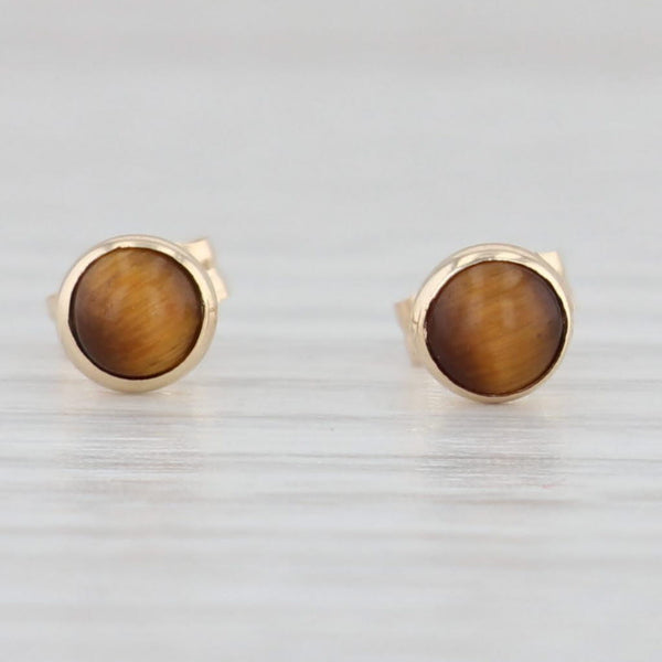 Light Gray New Brown Tiger's Eye Stud Earrings 14k Yellow Gold Round Cabochons