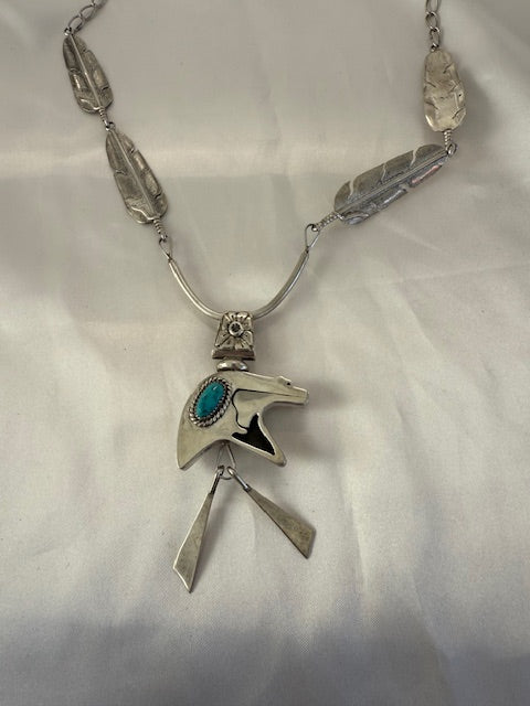 Jeff Jackson Navajo Native American Bear Necklace Turquoise Sterling Silver 25"