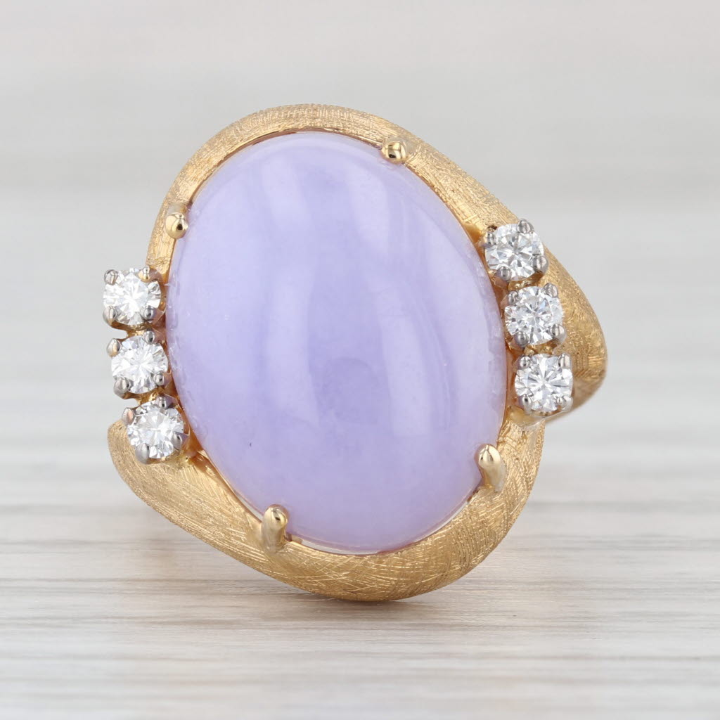 Purple Jadeite Jade Diamond Bypass Ring Brushed 14k Yellow Gold Sz 6.5 Cocktail