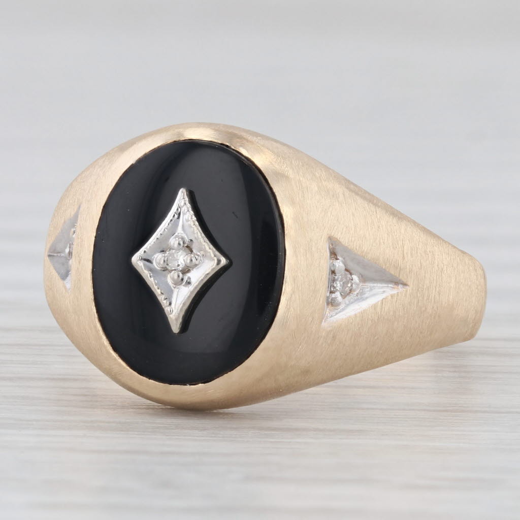 Light Gray Vintage Men's Onyx Diamond Signet Ring 10k Yellow Gold Size 9.75-10