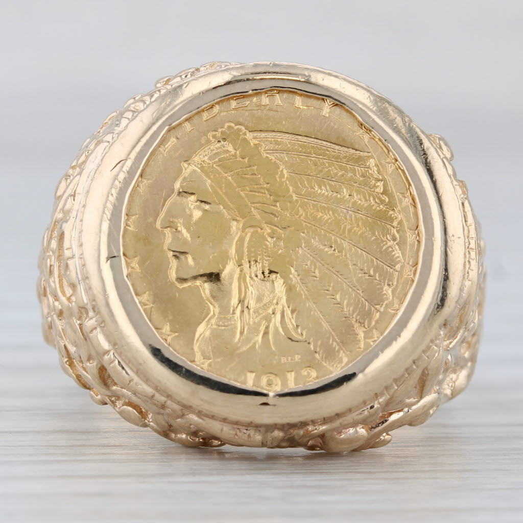 Gray 1913 USD 2.50 Indian Head Coin Ring 14k Nugget Band 900 Gold Size 12.5